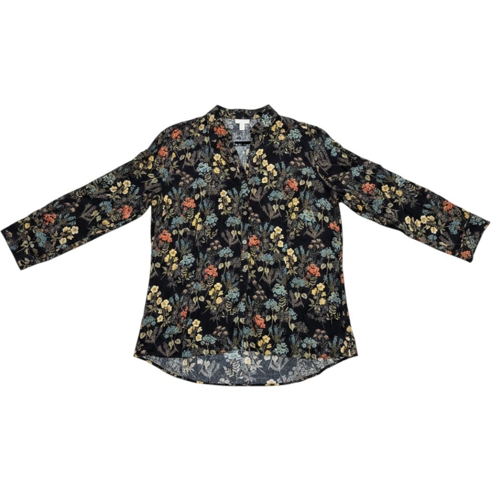 J. Jill Black Floral Botanical Button Down Tunic Blouse Women 2X Mandarin Collar